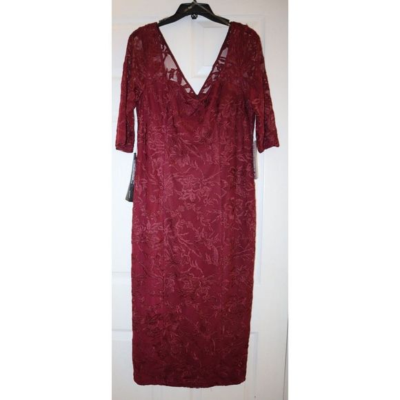 JS Collections Sz 12 Maroon Mesh Lined 3/4 Sleeve Midi Cocktail Sheath Dress $22 - Picture 1 of 8